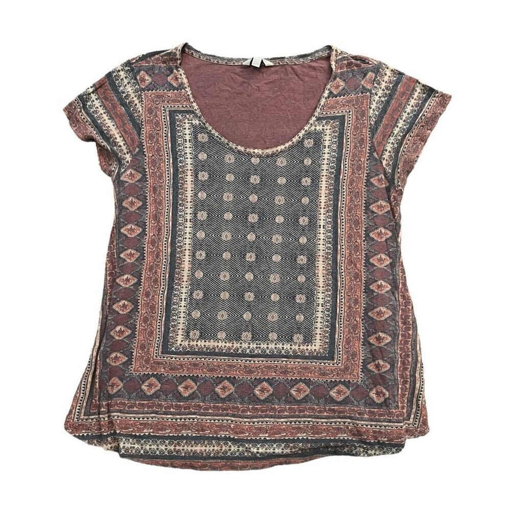 LUCKY BRAND Linen Blend Printed Short Sleeve Scoop Neck T-Shirt Size 1X - Picture 2 of 7